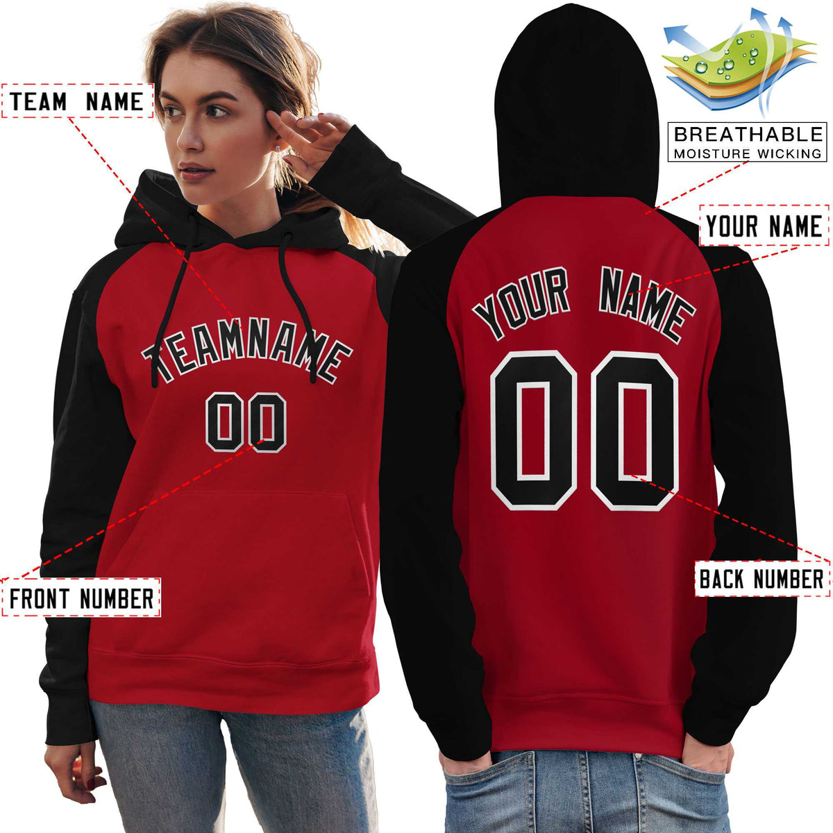 Custom Stitched Red Black Raglan Sleeves Sports Pullover Sweatshirt Hoodie For Women| KXKSHOP