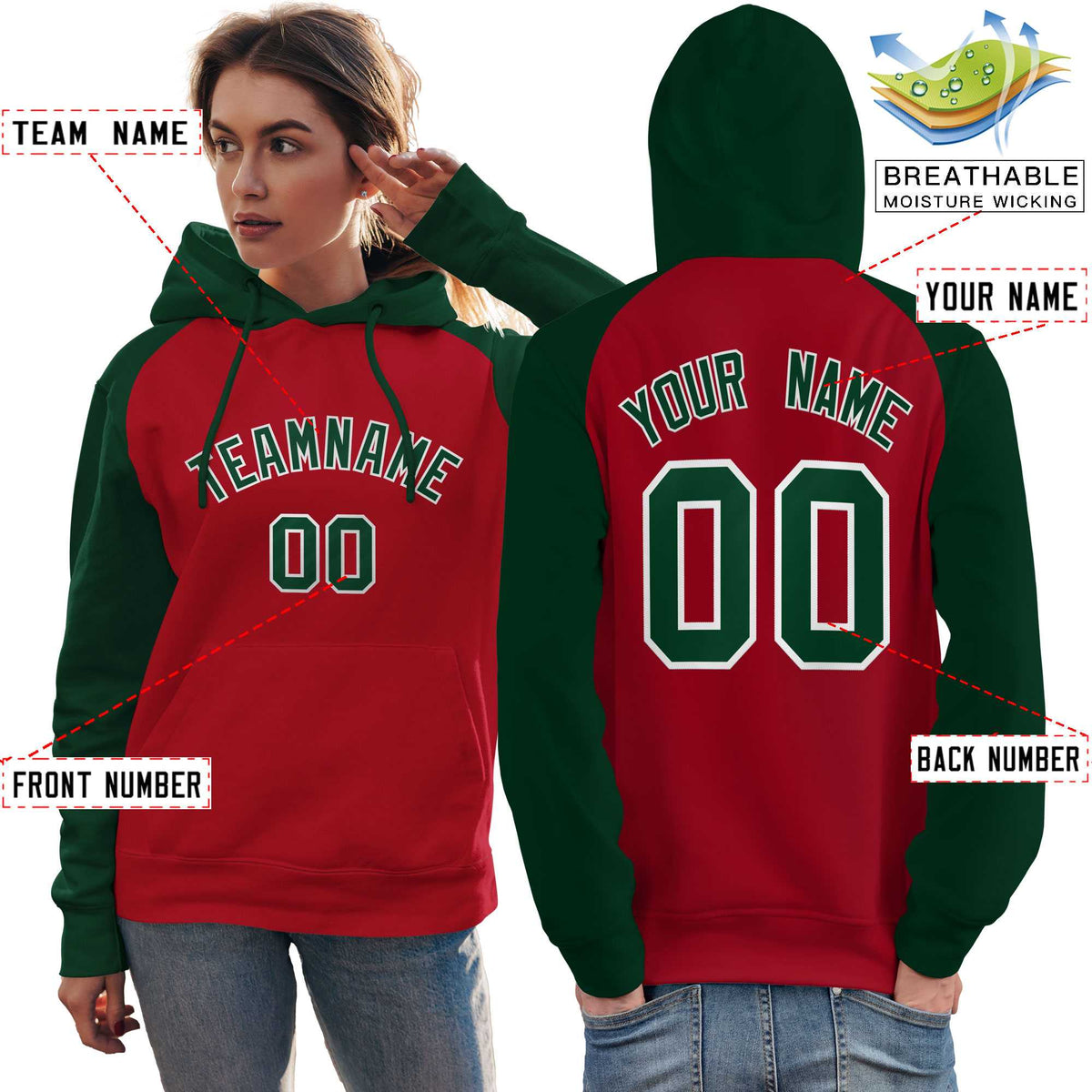 Custom Stitched Red Green Raglan Sleeves Sports Pullover Sweatshirt Hoodie For Women| KXKSHOP