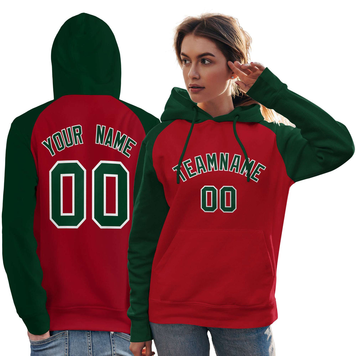 Custom Stitched Red Green Raglan Sleeves Sports Pullover Sweatshirt Hoodie For Women| KXKSHOP
