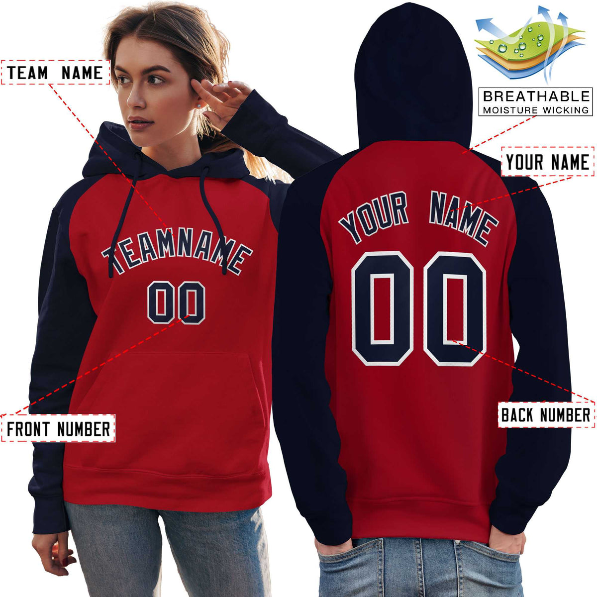 Custom Stitched Red Navy Raglan Sleeves Sports Pullover Sweatshirt Hoodie For Women| KXKSHOP