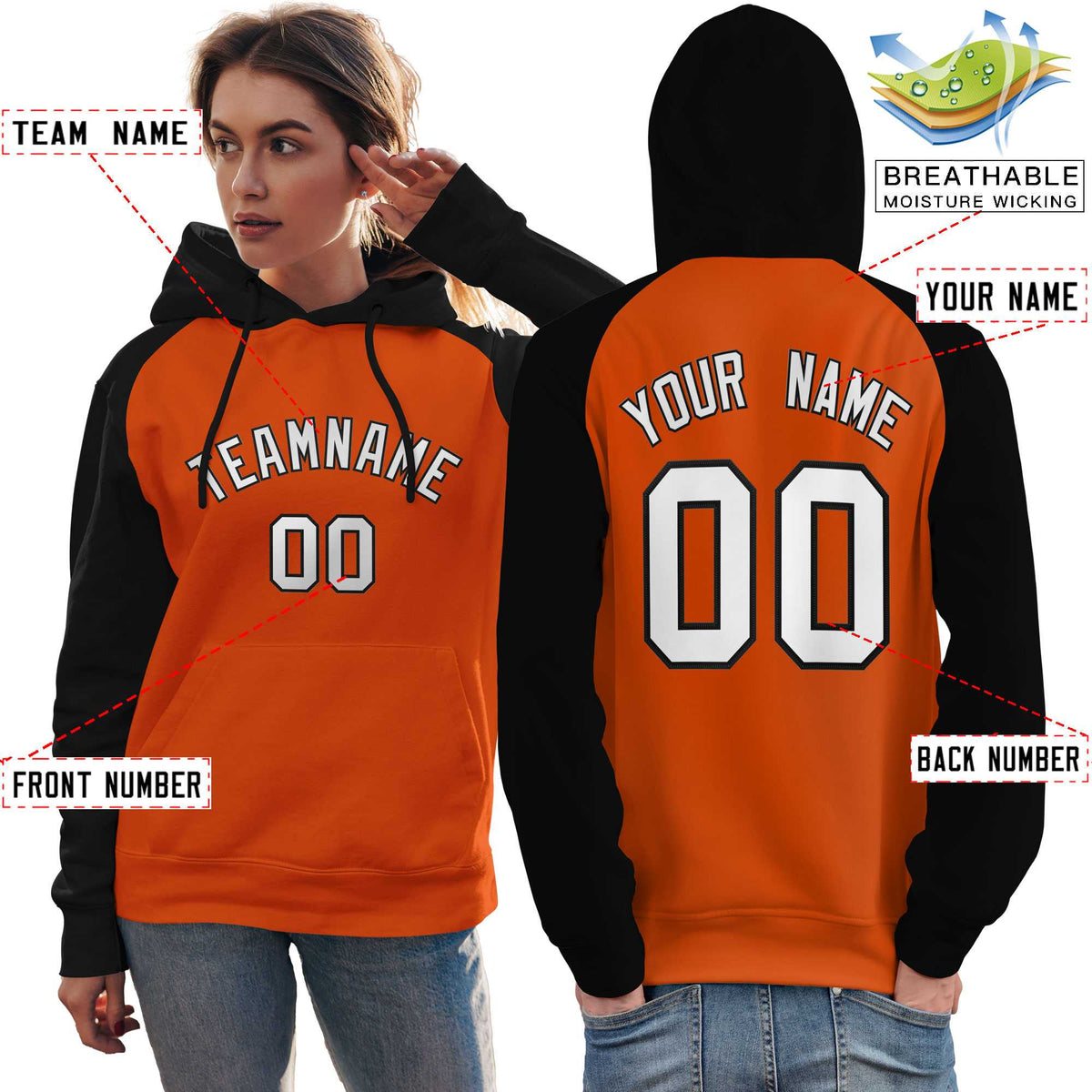 Custom Stitched Orange Black-White Raglan Sleeves Sports Pullover Sweatshirt Hoodie For Women| KXKSHOP