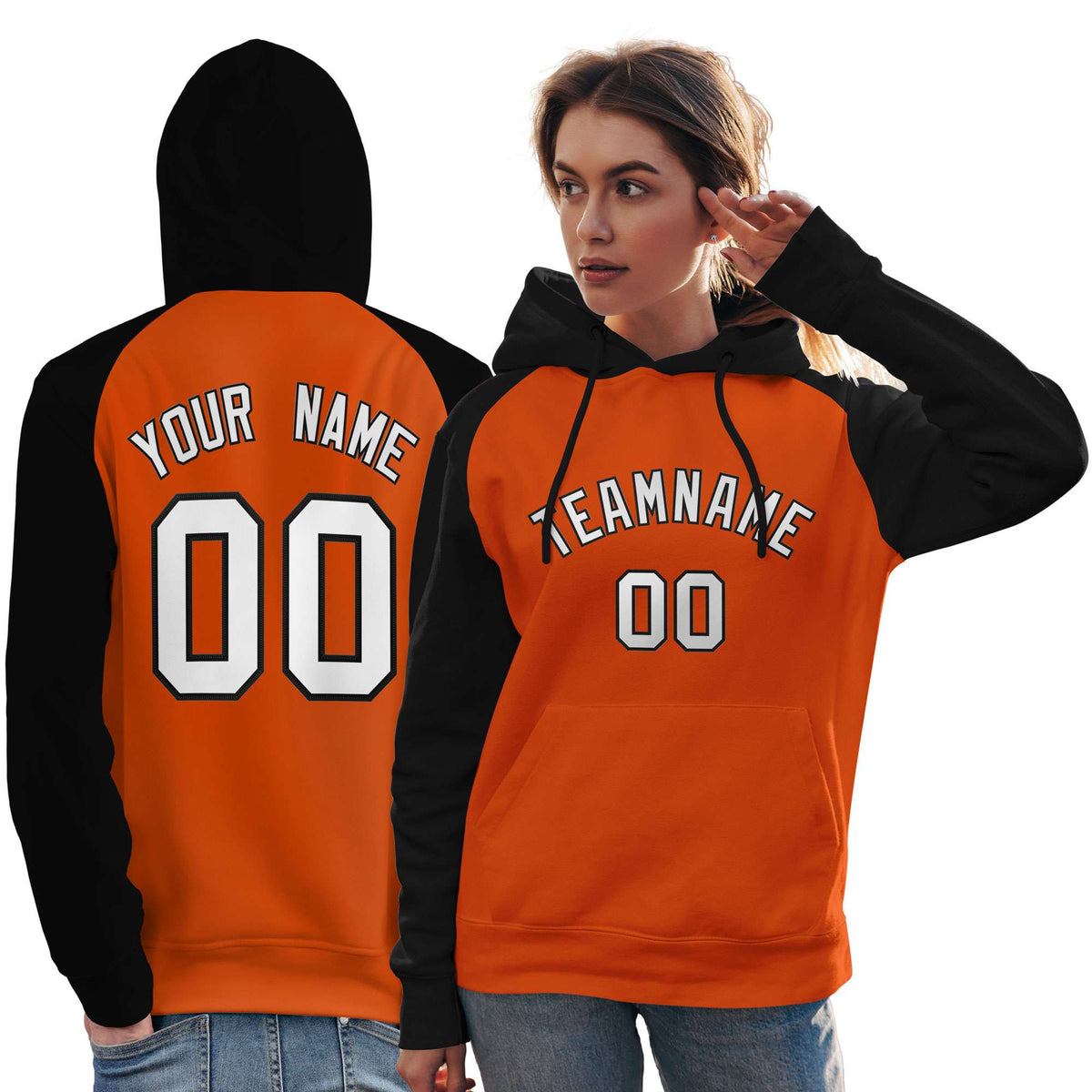 Custom Stitched Orange Black-White Raglan Sleeves Sports Pullover Sweatshirt Hoodie For Women| KXKSHOP