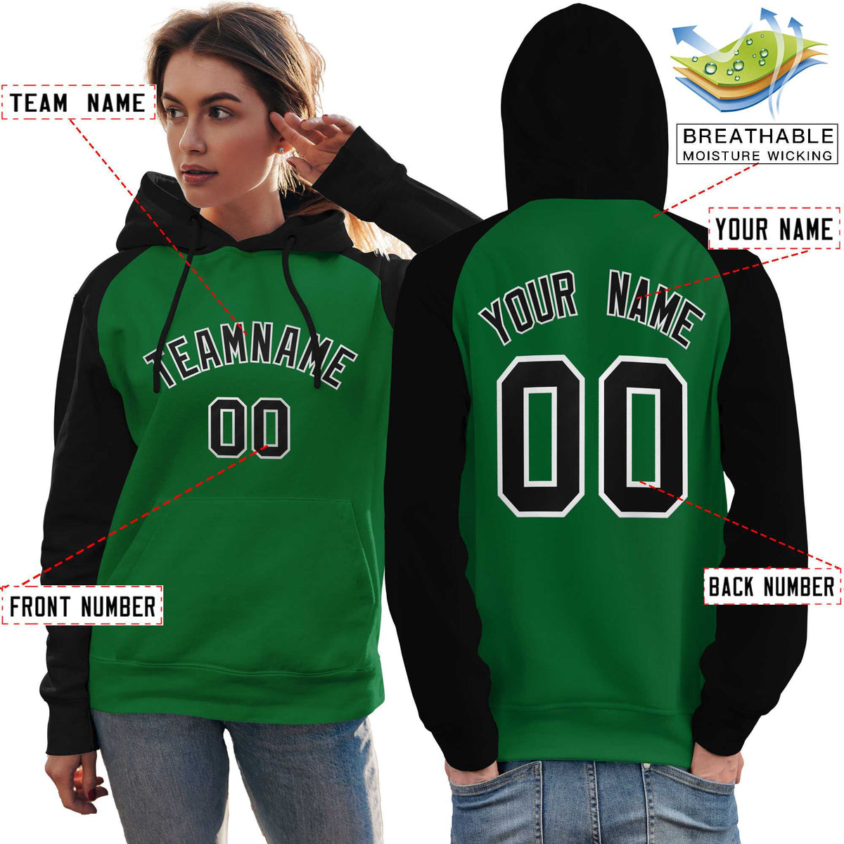 Custom Stitched Kelly Green Black Raglan Sleeves Sports Pullover Sweatshirt Hoodie For Women| KXKSHOP