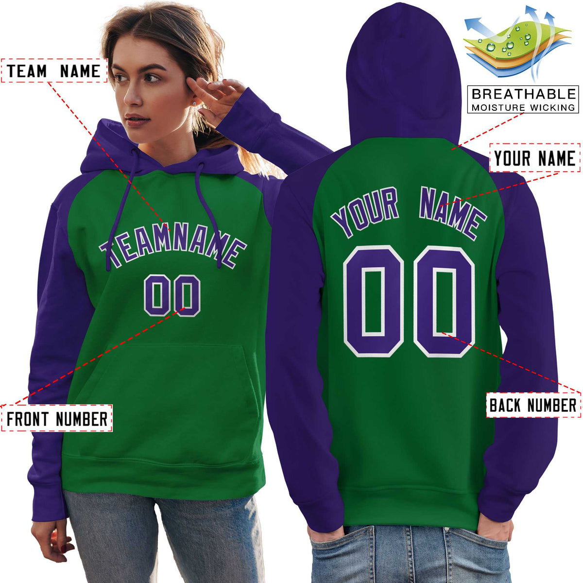 Custom Stitched Kelly Green Purple Raglan Sleeves Sports Pullover Sweatshirt Hoodie For Women| KXKSHOP