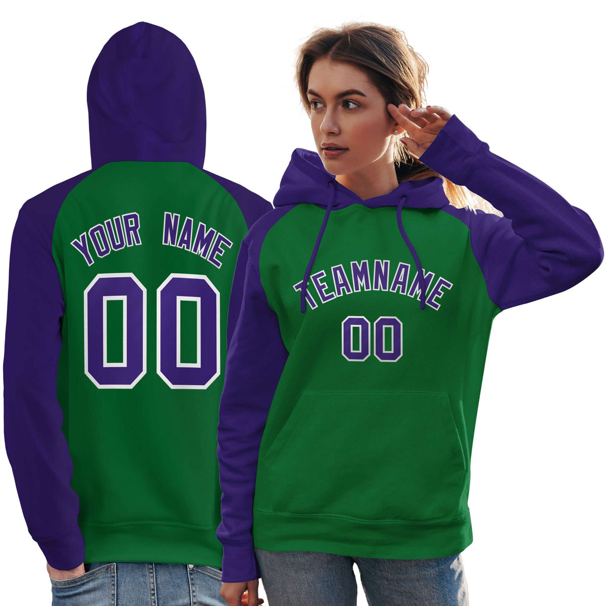 Custom Stitched Kelly Green Purple Raglan Sleeves Sports Pullover Sweatshirt Hoodie For Women| KXKSHOP