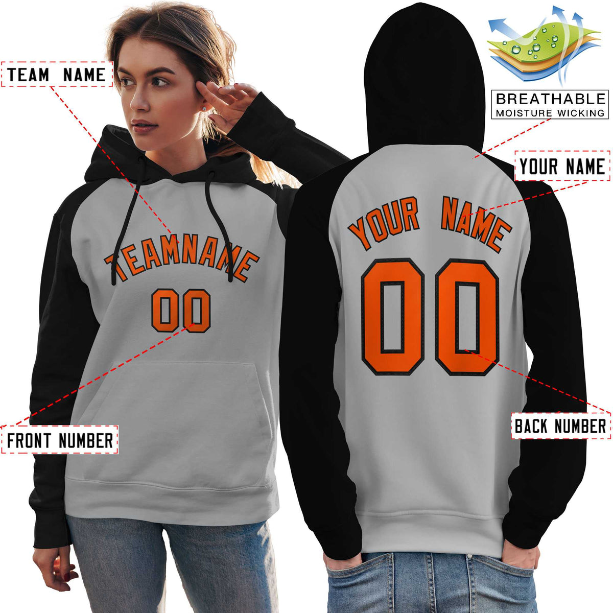 Custom Stitched Gray Black-Orange Raglan Sleeves Sports Pullover Sweatshirt Hoodie For Women| KXKSHOP