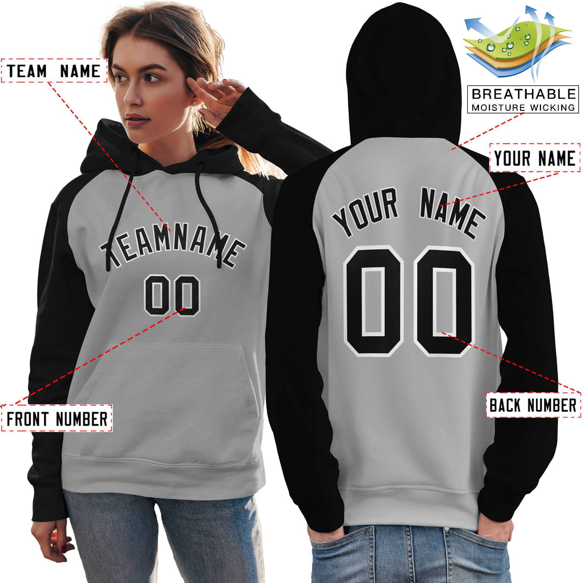 Custom Stitched Gray Black Raglan Sleeves Sports Pullover Sweatshirt Hoodie For Women| KXKSHOP