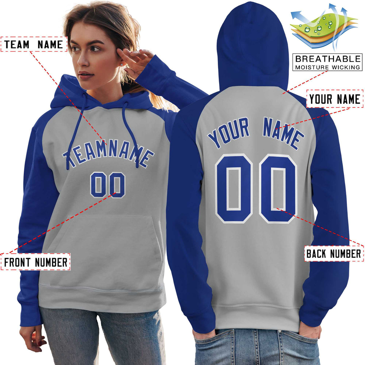 Custom Stitched Gray Royal Raglan Sleeves Sports Pullover Sweatshirt Hoodie For Women| KXKSHOP