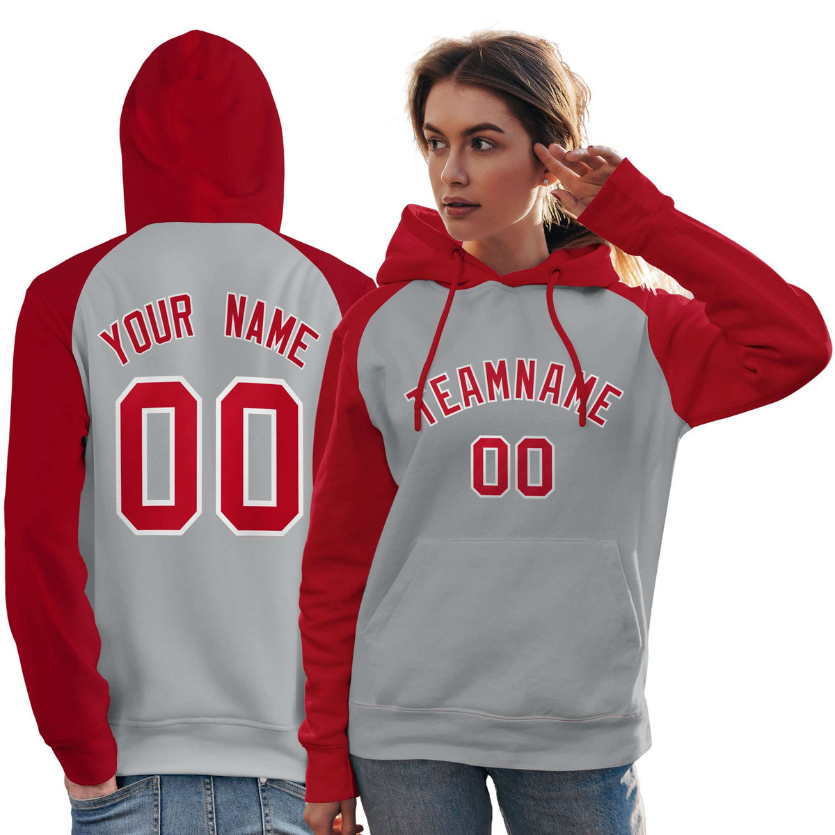 Custom Stitched Gray Red Raglan Sleeves Sports Pullover Sweatshirt Hoodie For Women| KXKSHOP