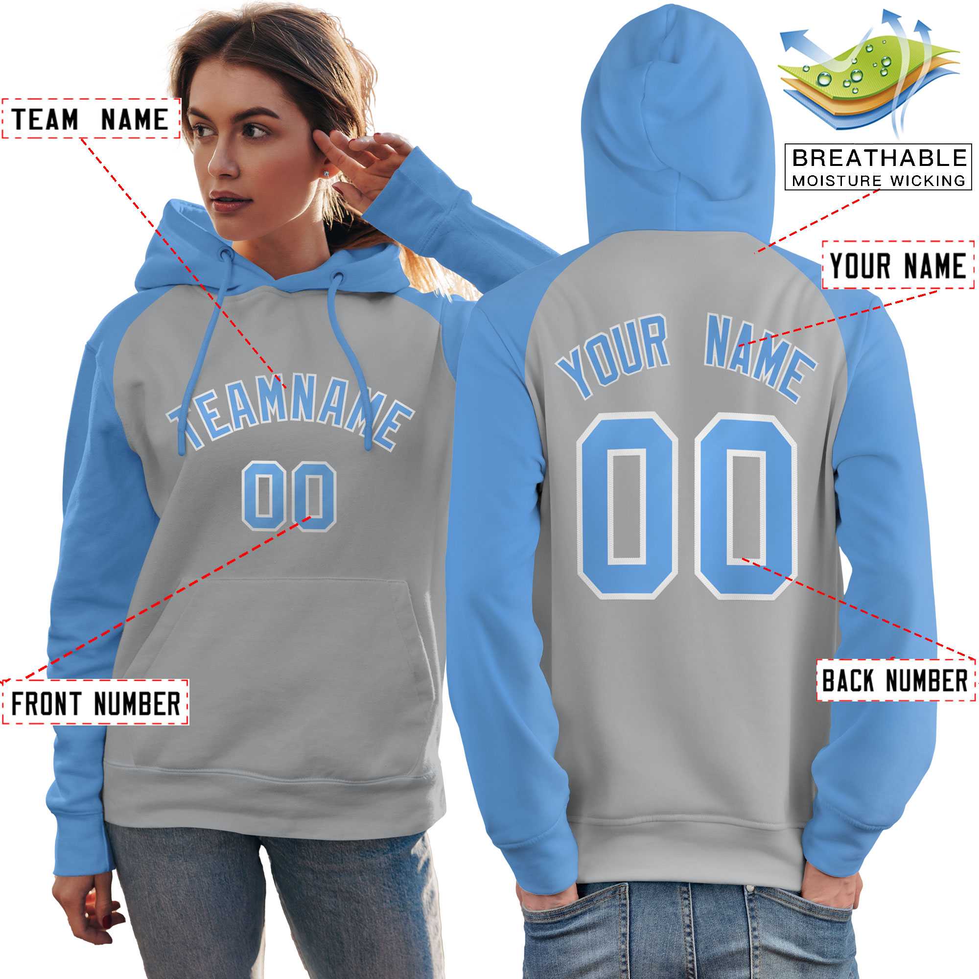 Custom Stitched Gray Powder Blue Raglan Sleeves Sports Pullover Sweatshirt Hoodie For Women| KXKSHOP