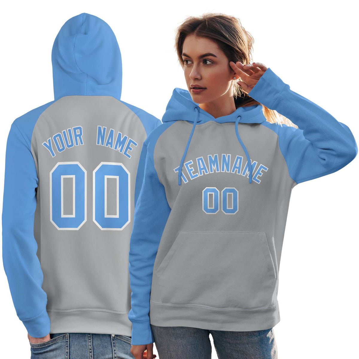 Custom Stitched Gray Powder Blue Raglan Sleeves Sports Pullover Sweatshirt Hoodie For Women| KXKSHOP