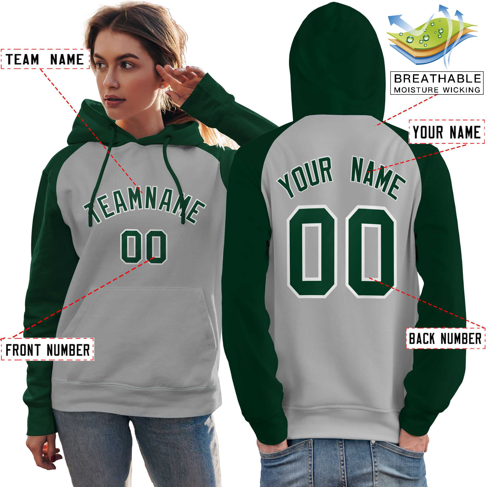 Custom Stitched Gray Green Raglan Sleeves Sports Pullover Sweatshirt Hoodie For Women| KXKSHOP