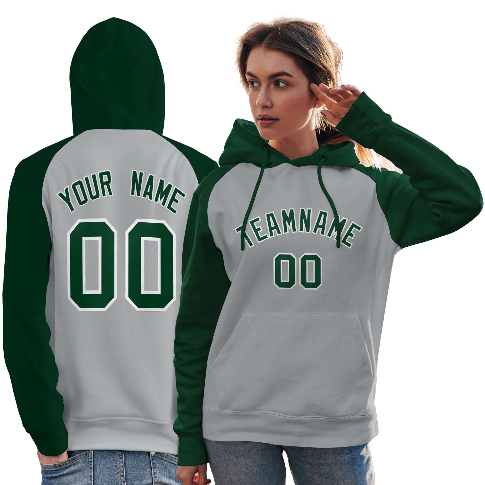 Custom Stitched Gray Green Raglan Sleeves Sports Pullover Sweatshirt Hoodie For Women| KXKSHOP