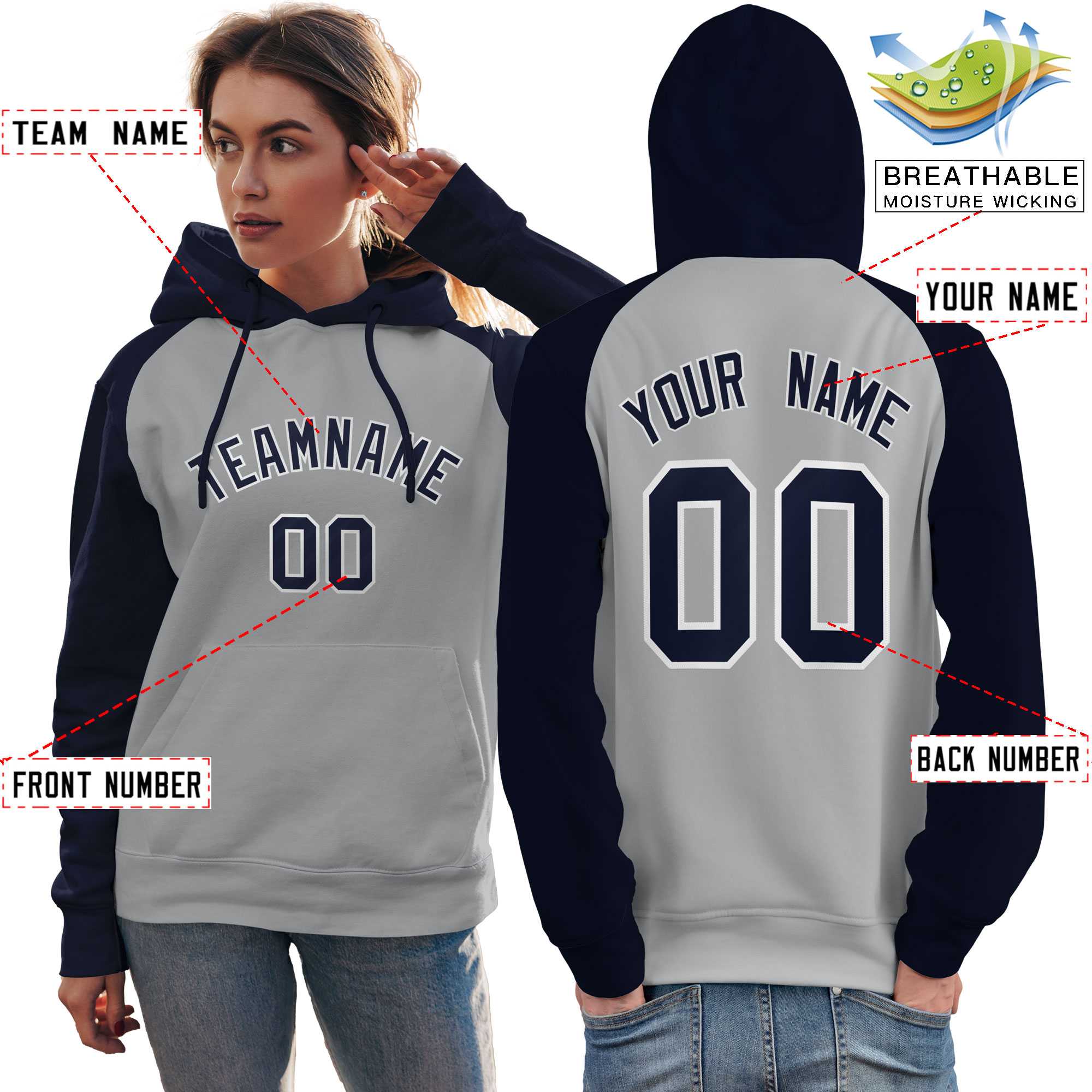 Custom Stitched Gray Navy Raglan Sleeves Sports Pullover Sweatshirt Hoodie For Women| KXKSHOP