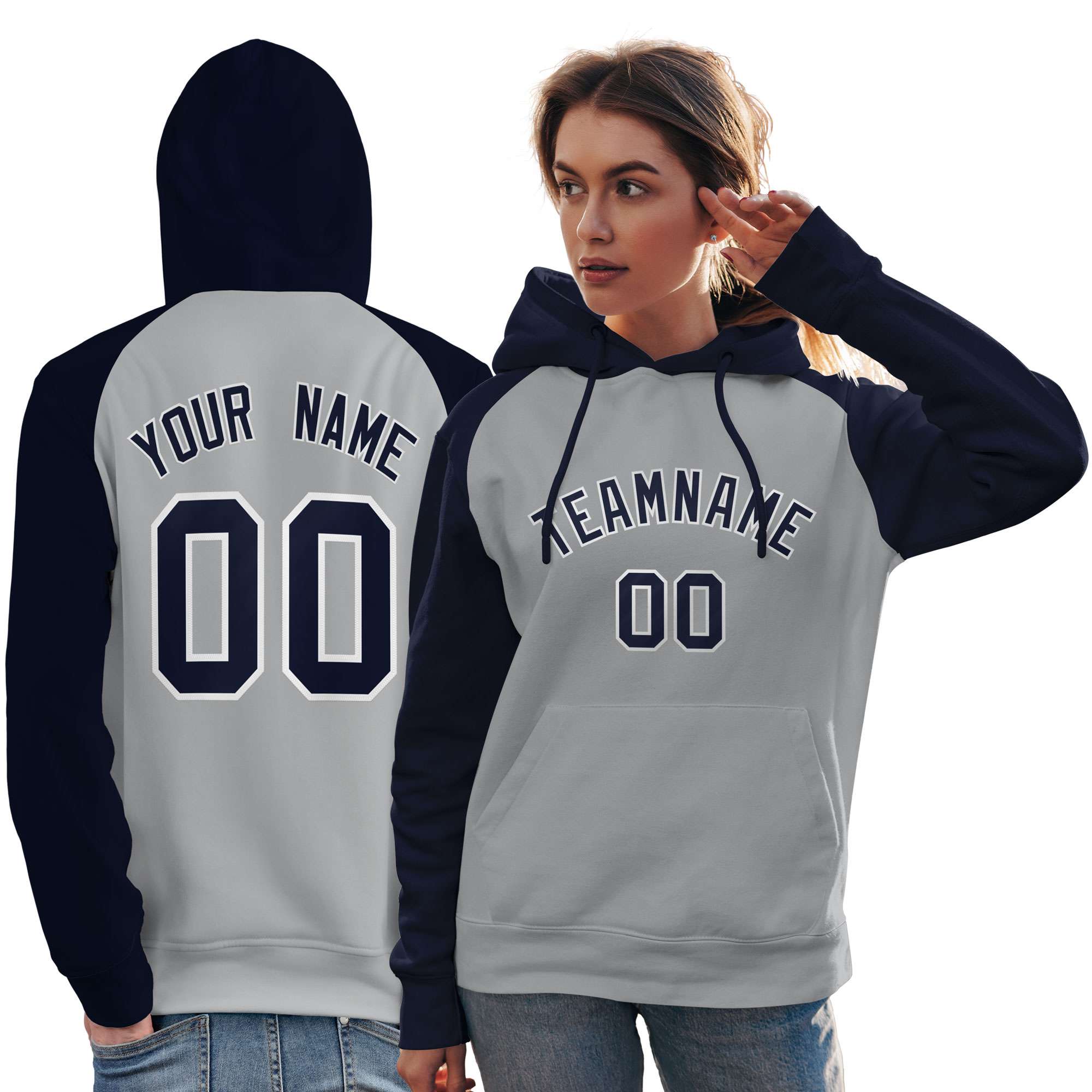 Custom Stitched Gray Navy Raglan Sleeves Sports Pullover Sweatshirt Hoodie For Women| KXKSHOP