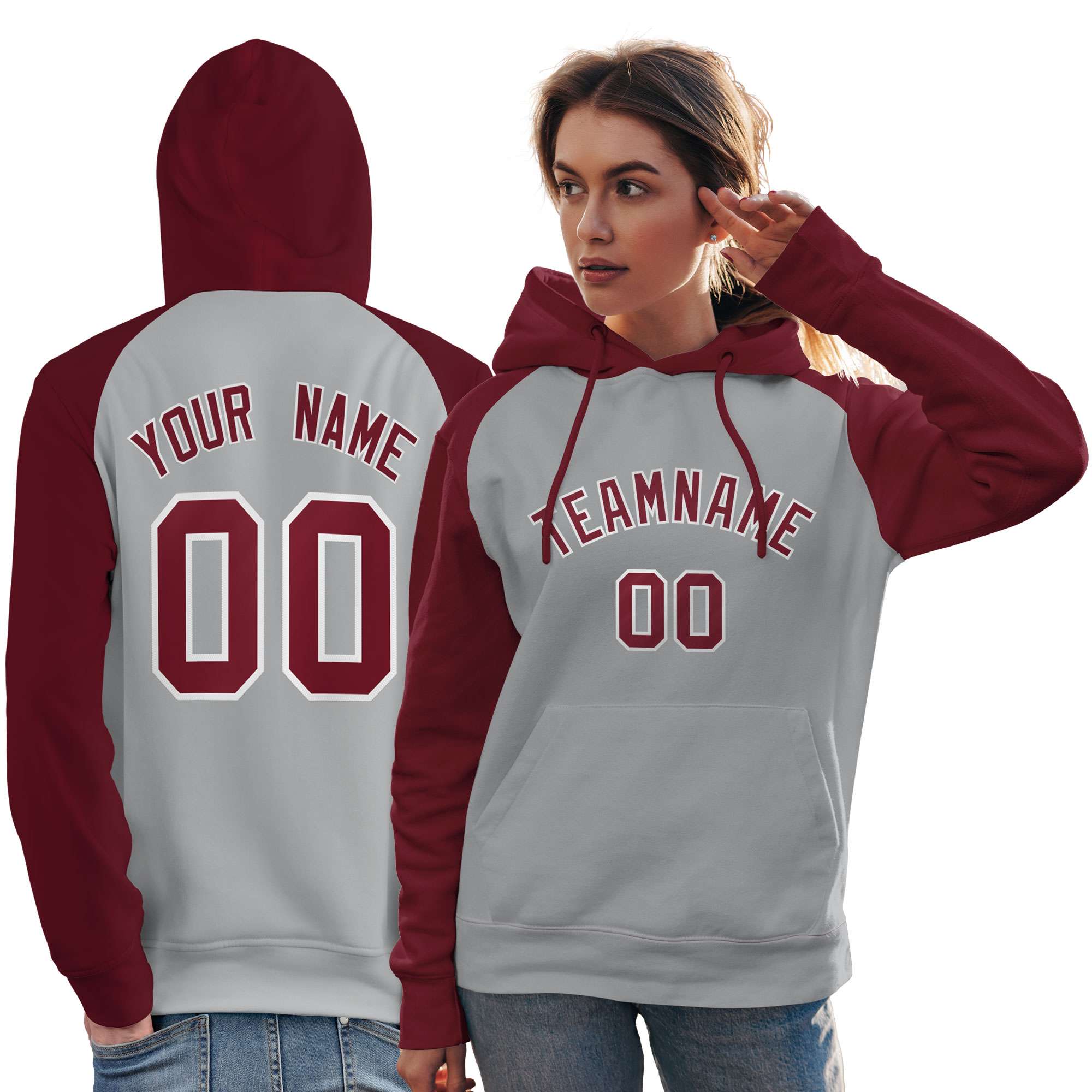Custom Stitched Gray Crimson Raglan Sleeves Sports Pullover Sweatshirt Hoodie For Women| KXKSHOP