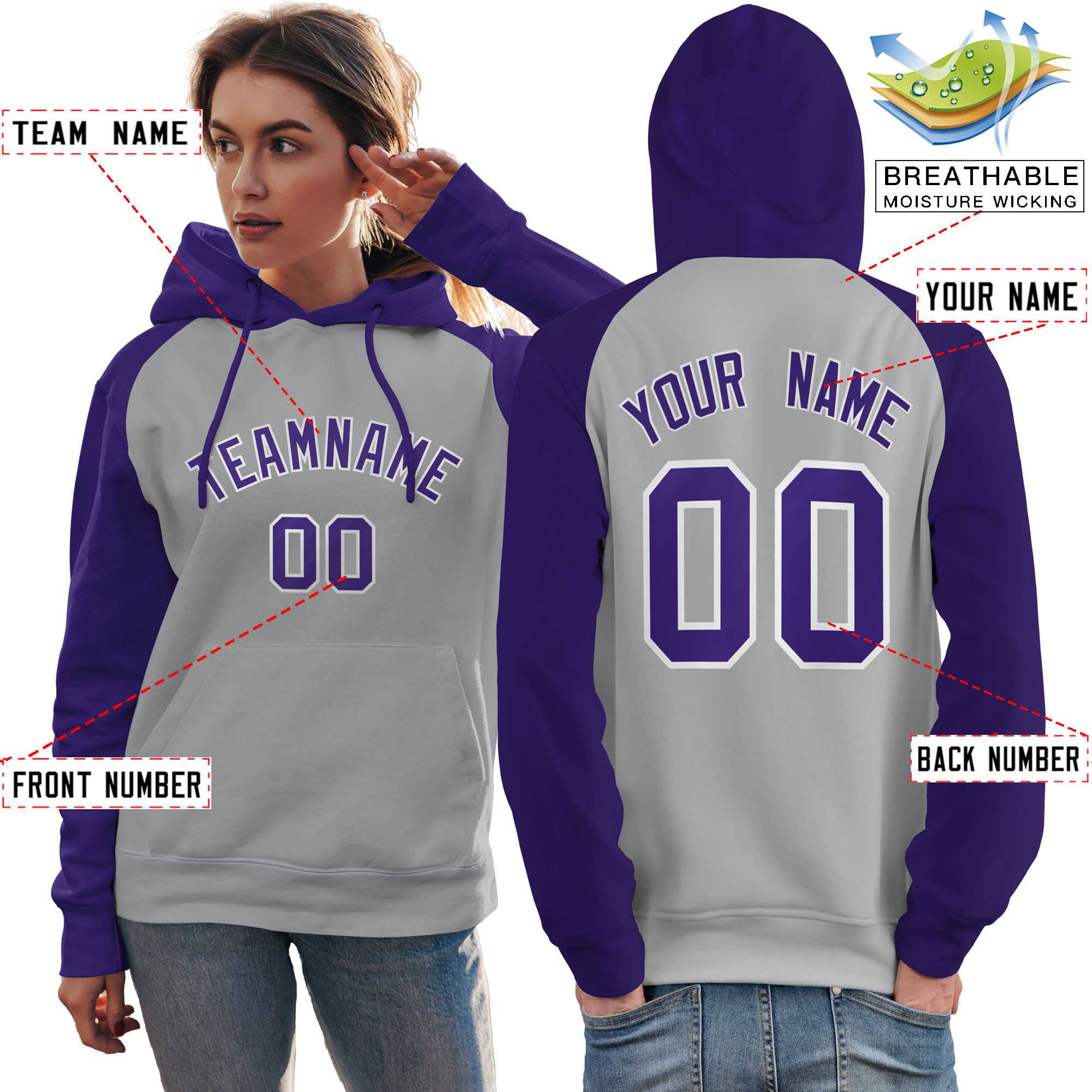 Custom Stitched Gray Purple Raglan Sleeves Sports Pullover Sweatshirt Hoodie For Women| KXKSHOP