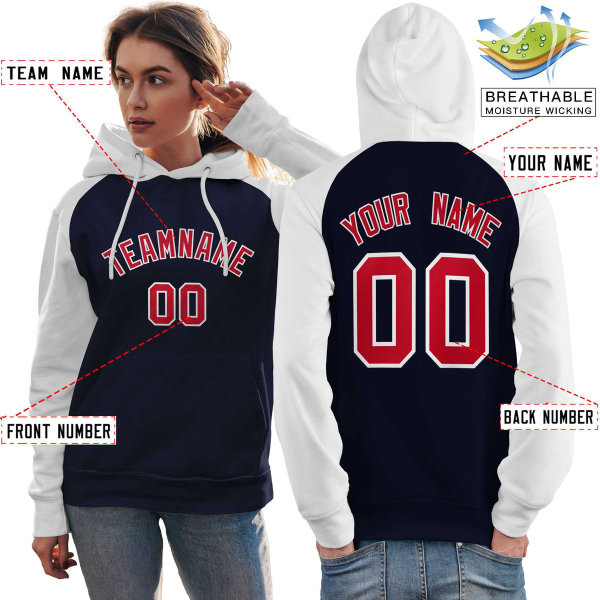 Custom Stitched Navy White-Red Raglan Sleeves Sports Pullover Sweatshirt Hoodie For Women| KXKSHOP