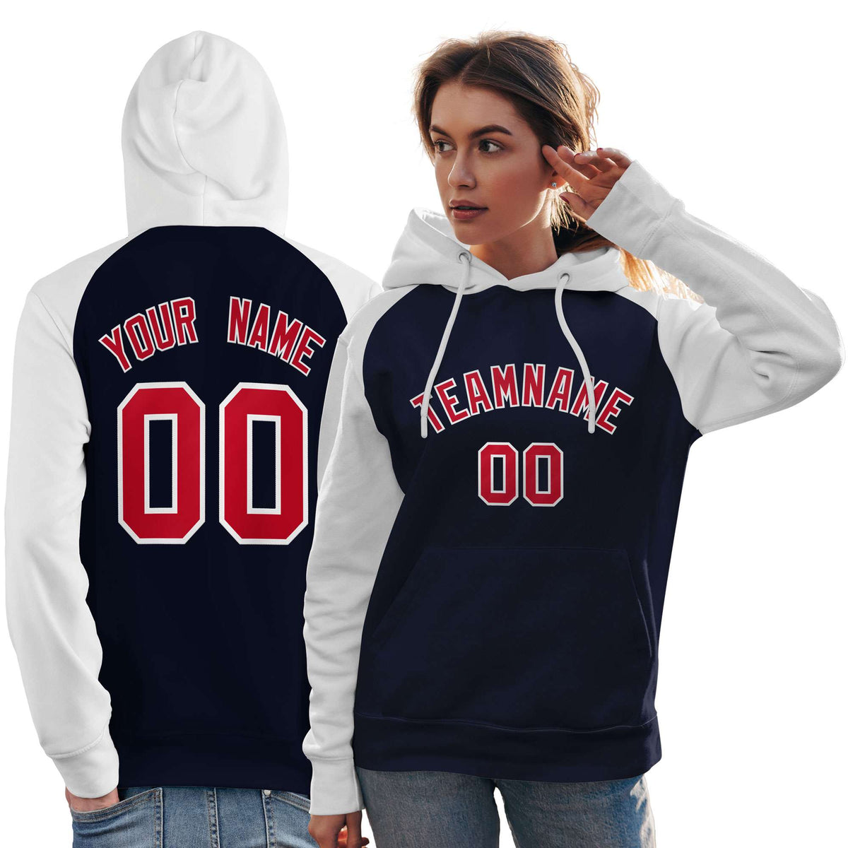 Custom Stitched Navy White-Red Raglan Sleeves Sports Pullover Sweatshirt Hoodie For Women| KXKSHOP
