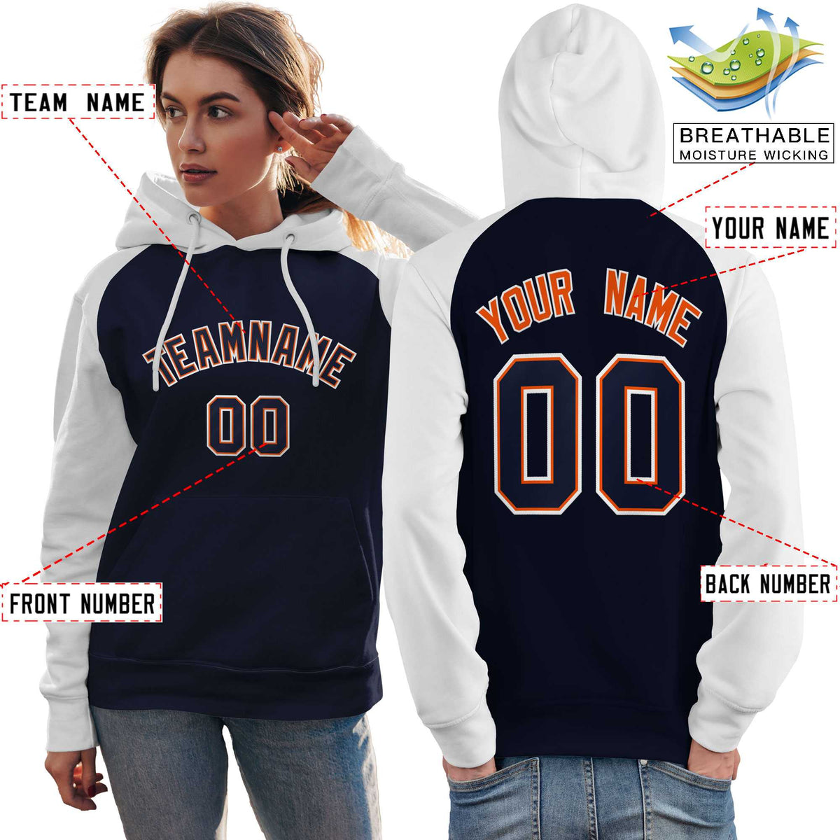 Custom Stitched Navy White Raglan Sleeves Sports Pullover Sweatshirt Hoodie For Women| KXKSHOP