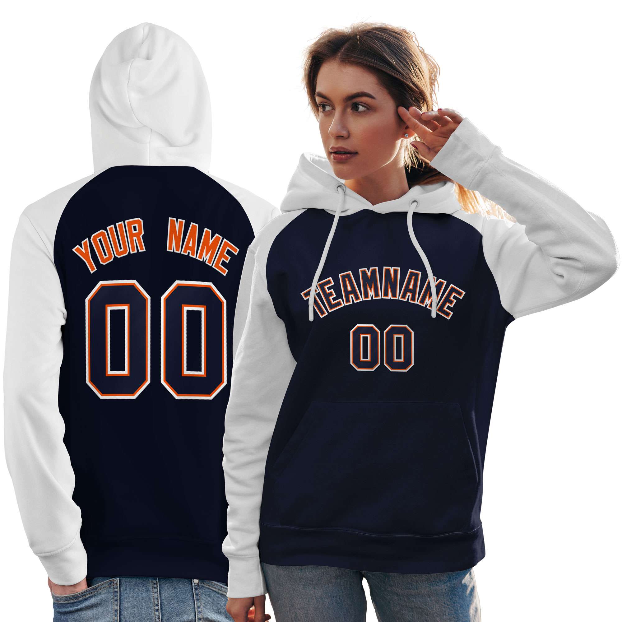 Custom Stitched Navy White Raglan Sleeves Sports Pullover Sweatshirt Hoodie For Women| KXKSHOP