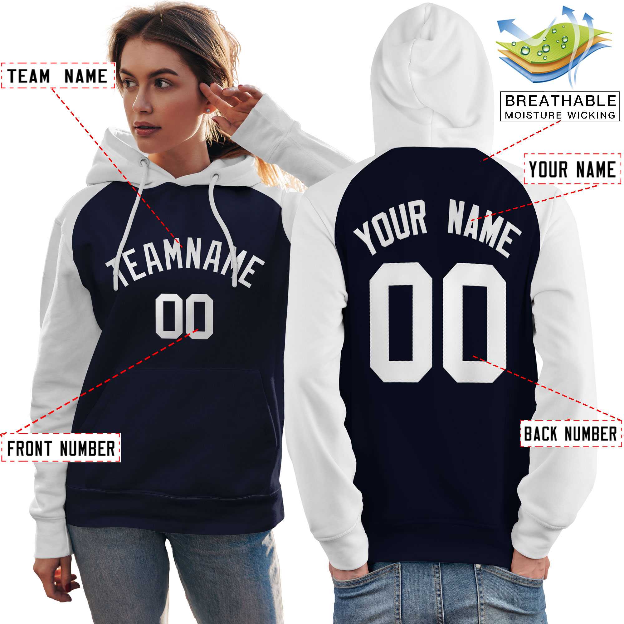 Custom Stitched Navy White Raglan Sleeves Sports Pullover Sweatshirt Hoodie For Women| KXKSHOP
