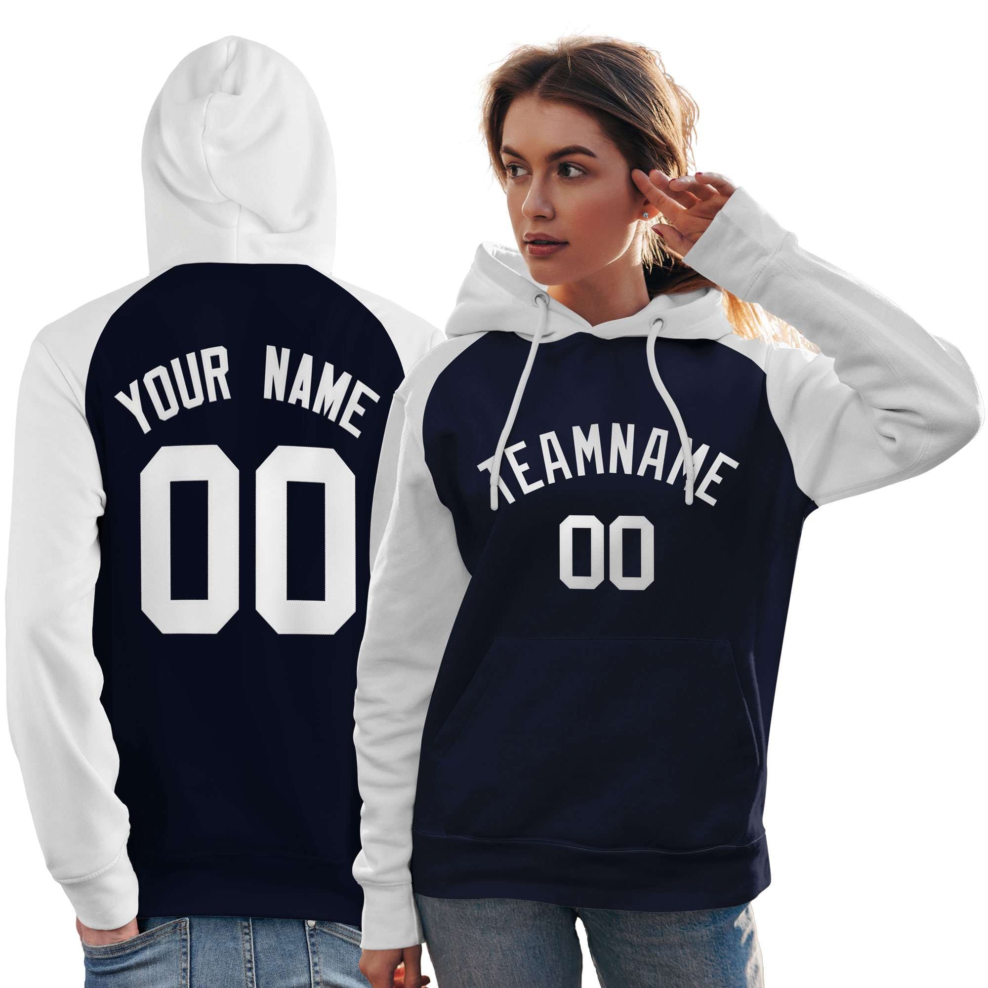 Custom Stitched Navy White Raglan Sleeves Sports Pullover Sweatshirt Hoodie For Women| KXKSHOP