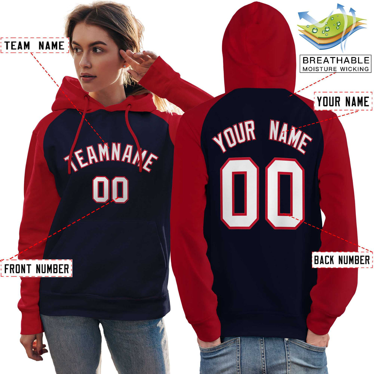 Custom Stitched Navy Red-White Raglan Sleeves Sports Pullover Sweatshirt Hoodie For Women| KXKSHOP