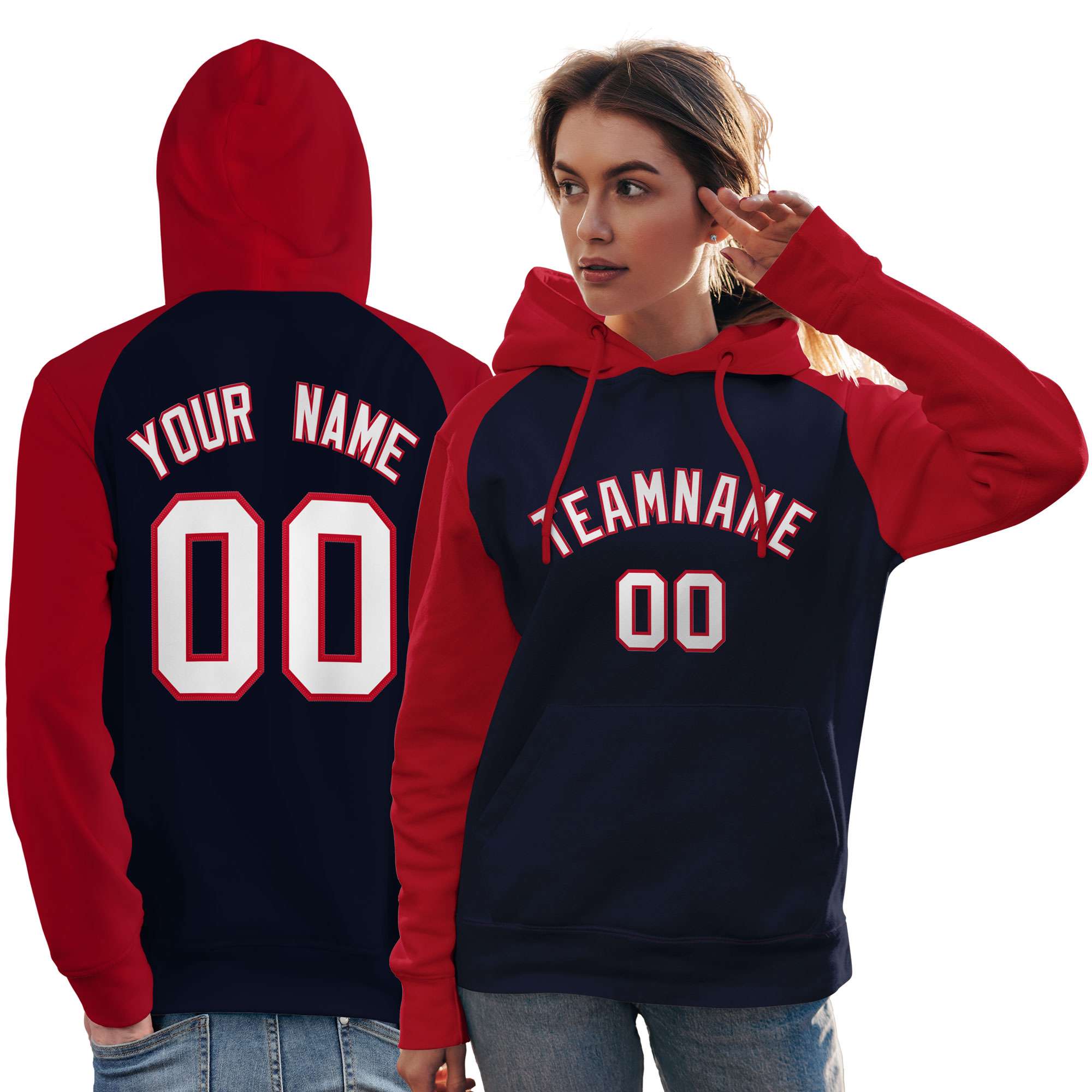 Custom Stitched Navy Red-White Raglan Sleeves Sports Pullover Sweatshirt Hoodie For Women| KXKSHOP