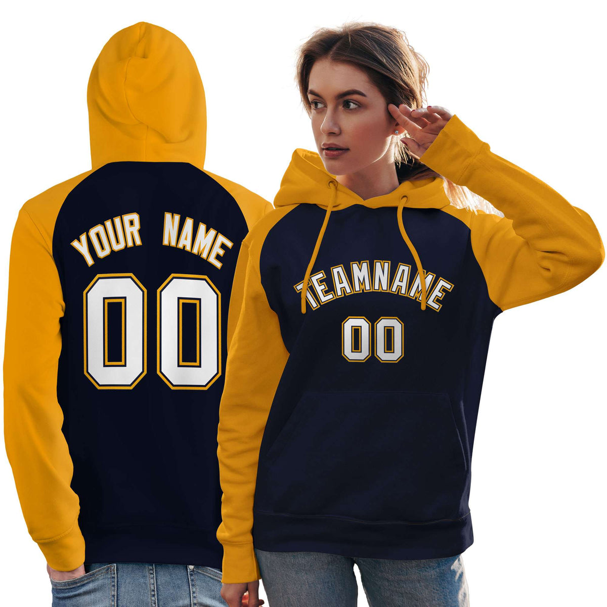 Custom Stitched Navy Gold-White Raglan Sleeves Sports Pullover Sweatshirt Hoodie For Women| KXKSHOP