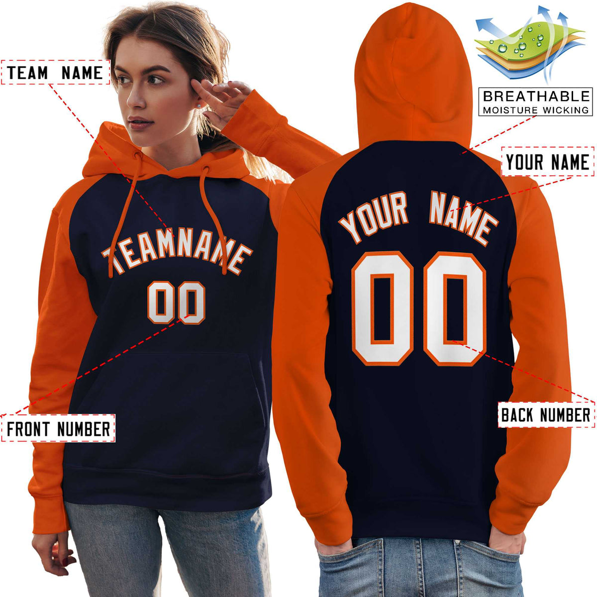 Custom Stitched Navy Orange-White Raglan Sleeves Sports Pullover Sweatshirt Hoodie For Women| KXKSHOP