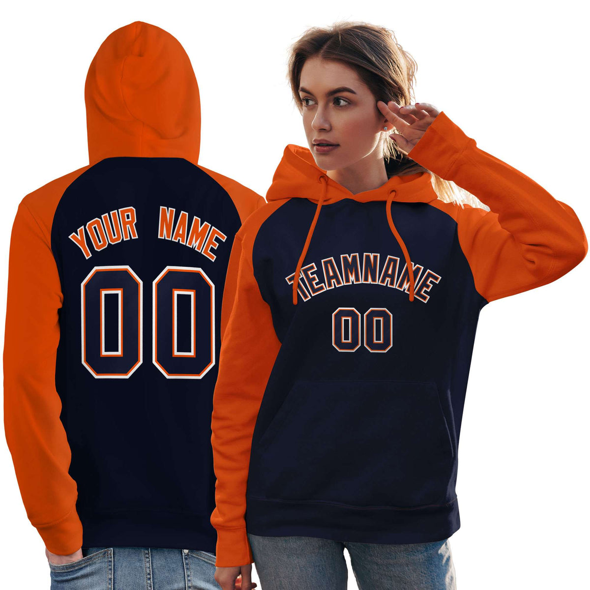 Custom Stitched Navy Orange Raglan Sleeves Sports Pullover Sweatshirt Hoodie For Women| KXKSHOP