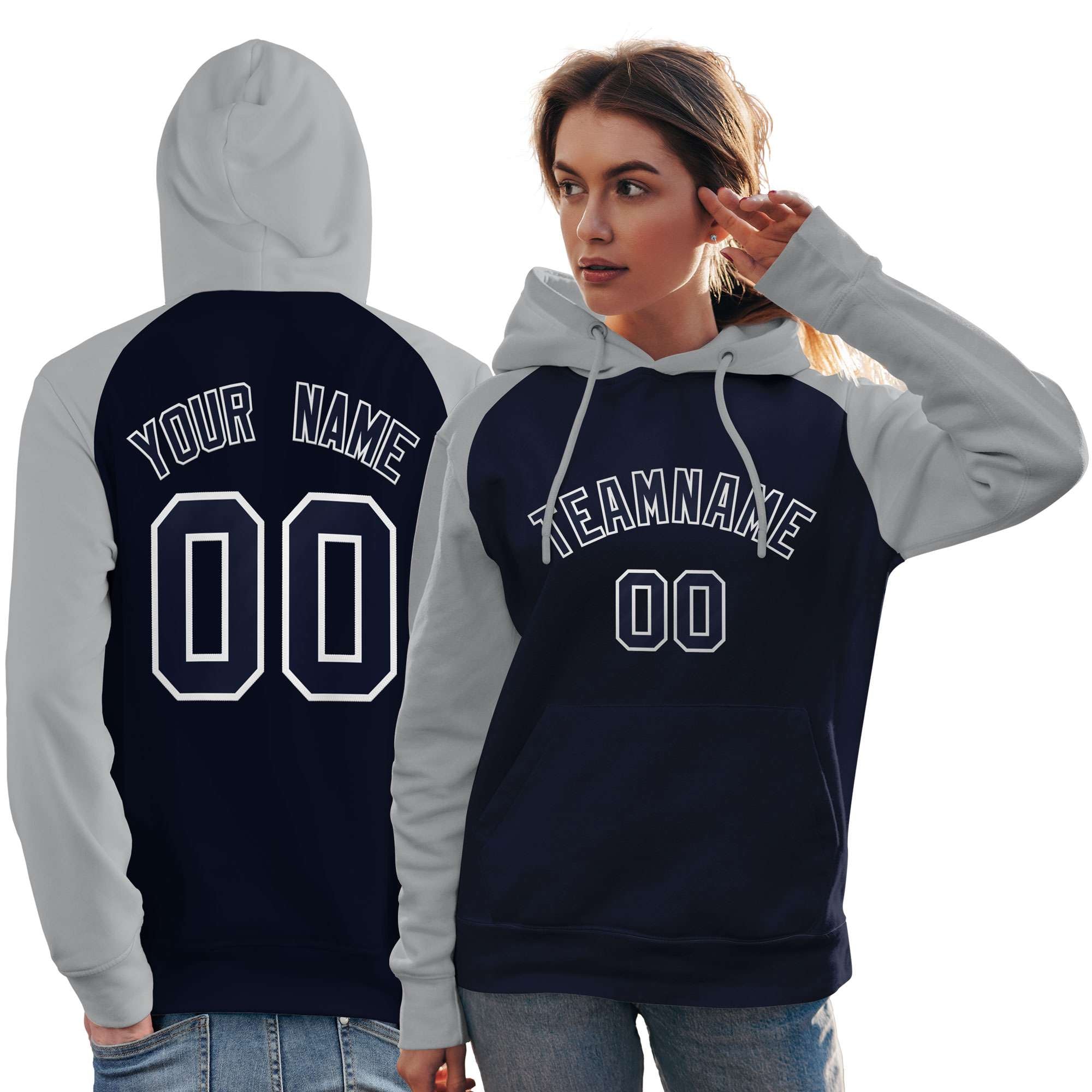 Custom Stitched Navy Gray Raglan Sleeves Sports Pullover Sweatshirt Hoodie For Women| KXKSHOP