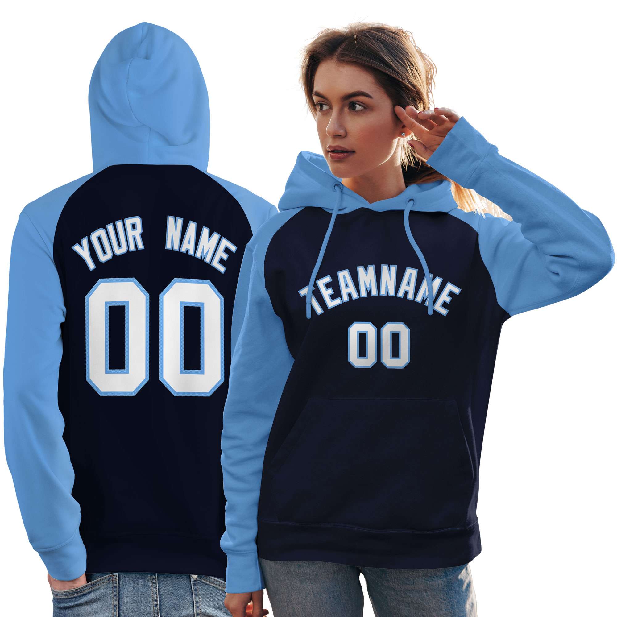 Custom Stitched Navy Powder Blue-White Raglan Sleeves Sports Pullover Sweatshirt Hoodie For Women| KXKSHOP