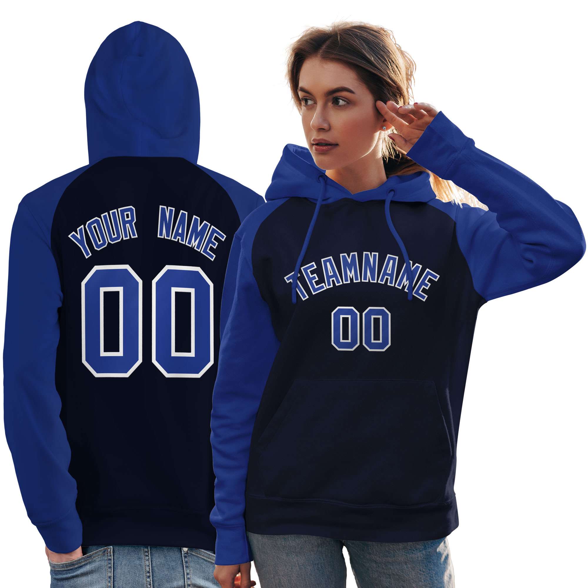 Custom Stitched Navy Royal Raglan Sleeves Sports Pullover Sweatshirt Hoodie For Women| KXKSHOP
