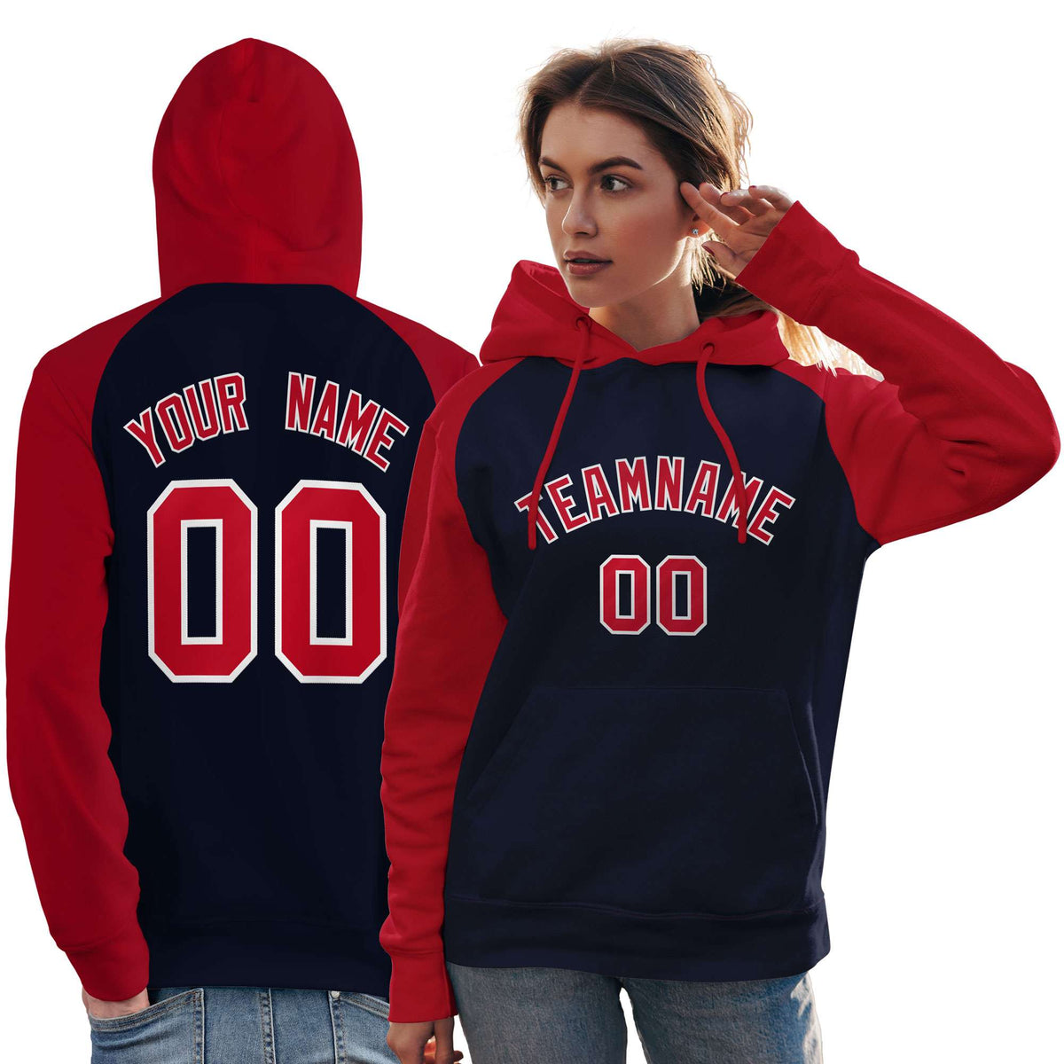 Custom Stitched Navy Red Raglan Sleeves Sports Pullover Sweatshirt Hoodie For Women| KXKSHOP