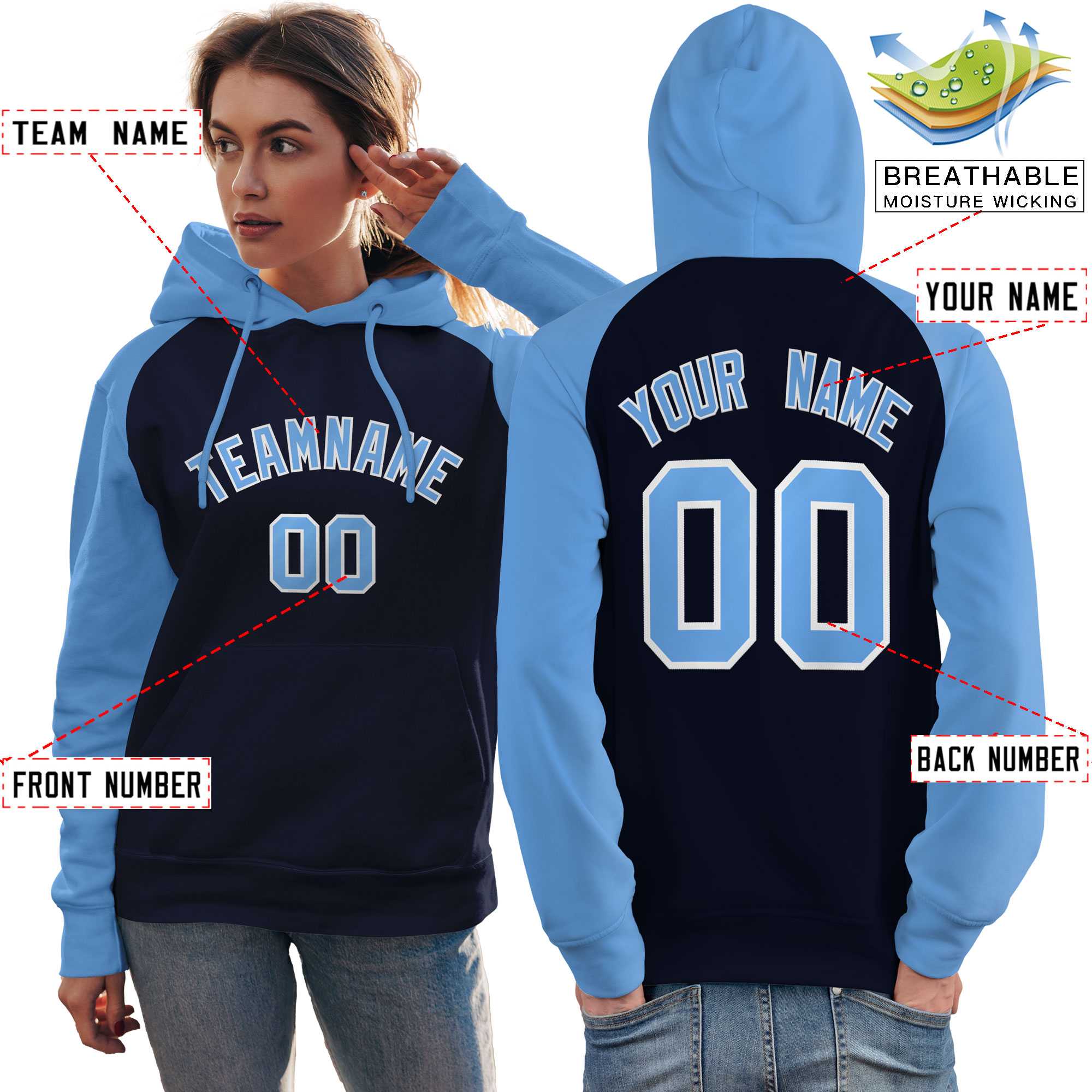 Custom Stitched Navy Powder Blue Raglan Sleeves Sports Pullover Sweatshirt Hoodie For Women| KXKSHOP