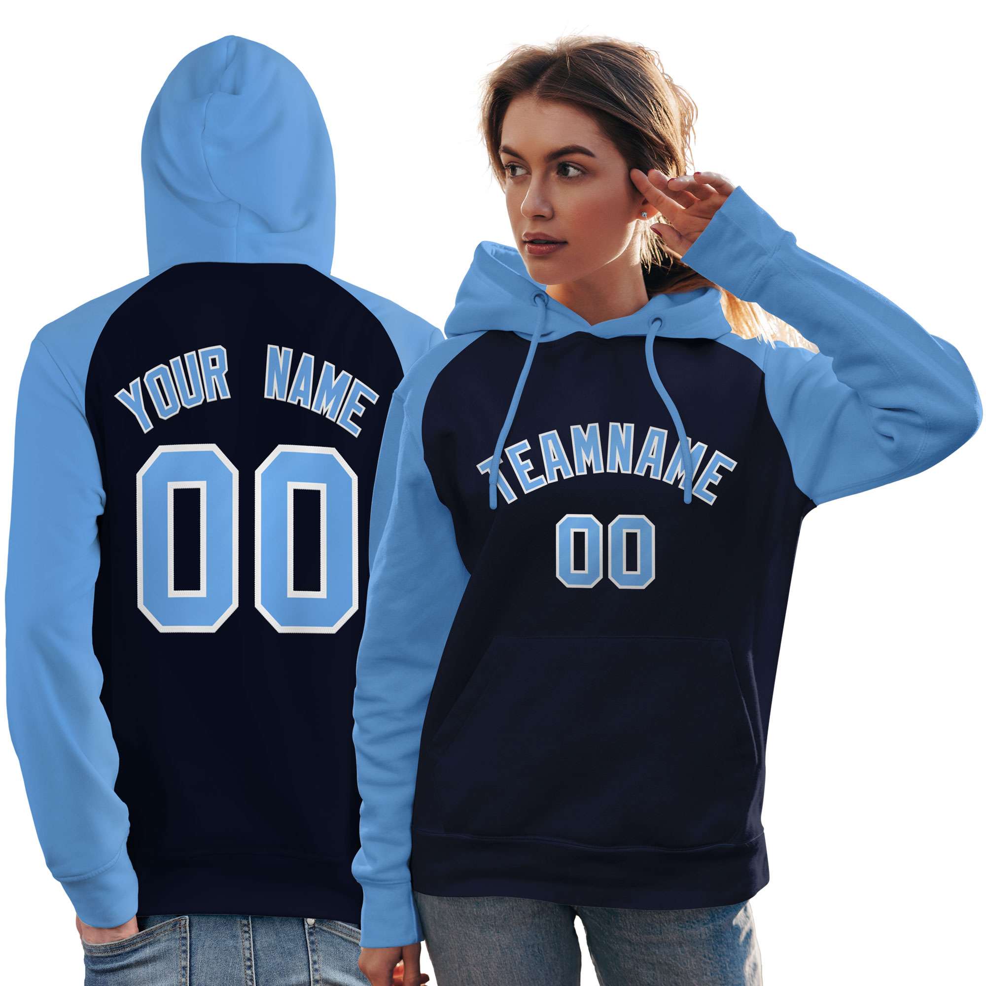 Custom Stitched Navy Powder Blue Raglan Sleeves Sports Pullover Sweatshirt Hoodie For Women| KXKSHOP