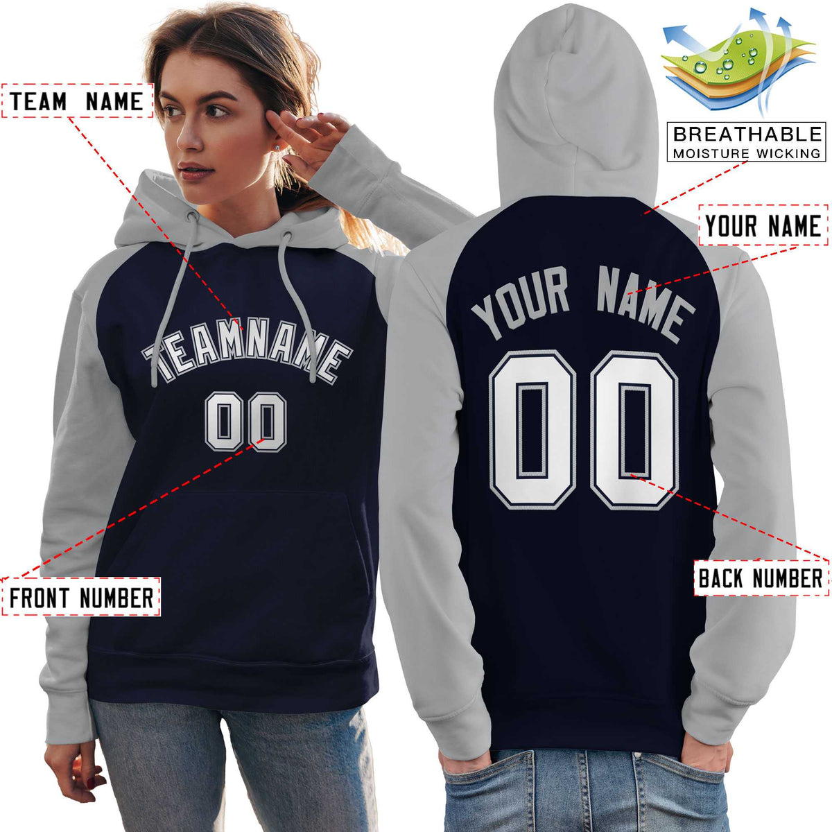 Custom Stitched Navy Gray-White Raglan Sleeves Sports Pullover Sweatshirt Hoodie For Women| KXKSHOP