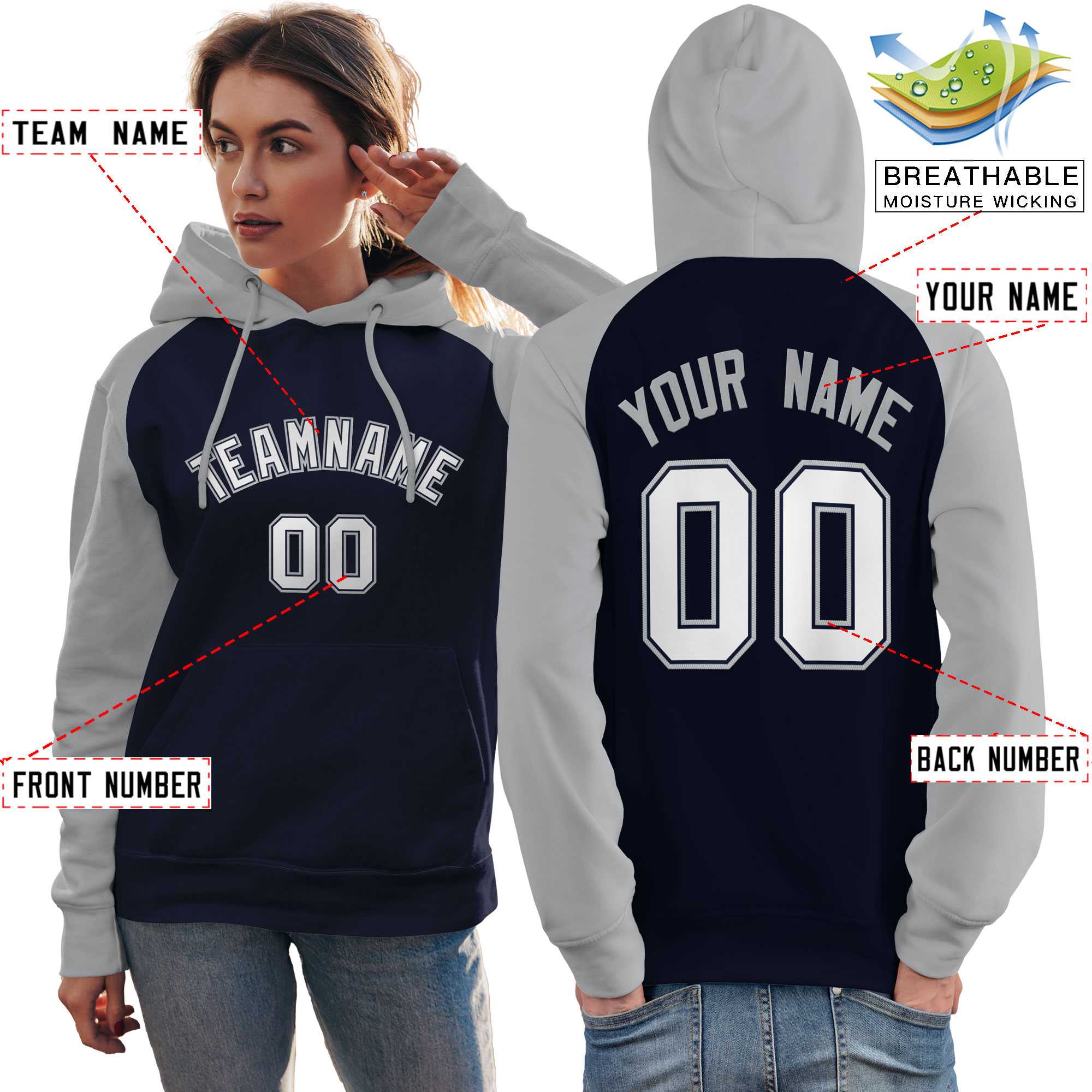 Custom Stitched Navy Gray-White Raglan Sleeves Sports Pullover Sweatshirt Hoodie For Women| KXKSHOP