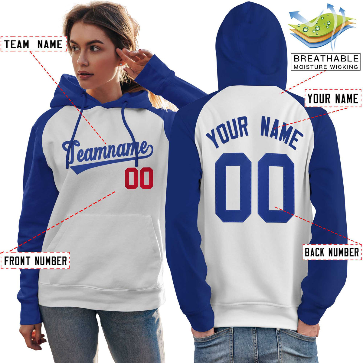 Custom Stitched White Royal Raglan Sleeves Sports Pullover Sweatshirt Hoodie For Women| KXKSHOP