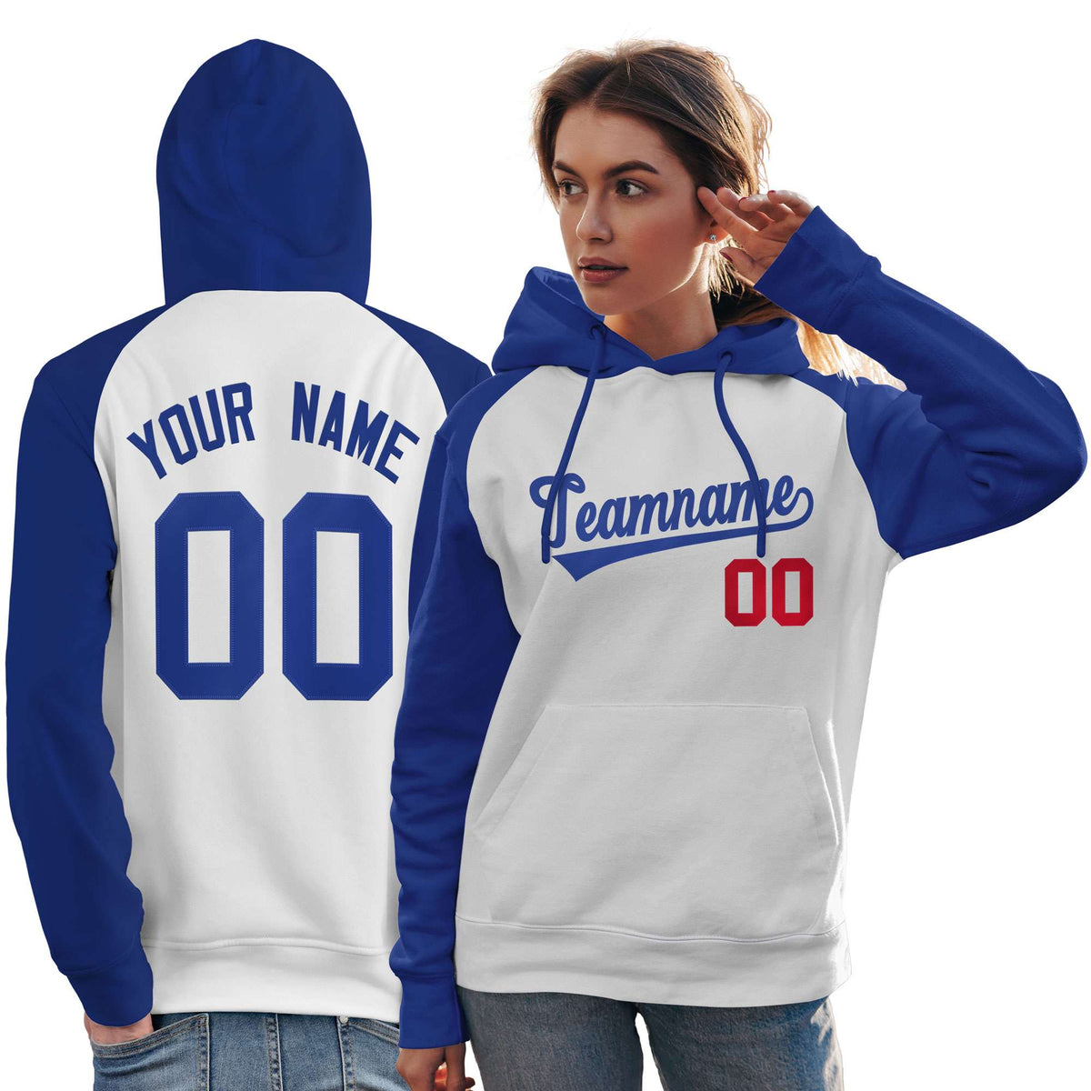 Custom Stitched White Royal Raglan Sleeves Sports Pullover Sweatshirt Hoodie For Women| KXKSHOP