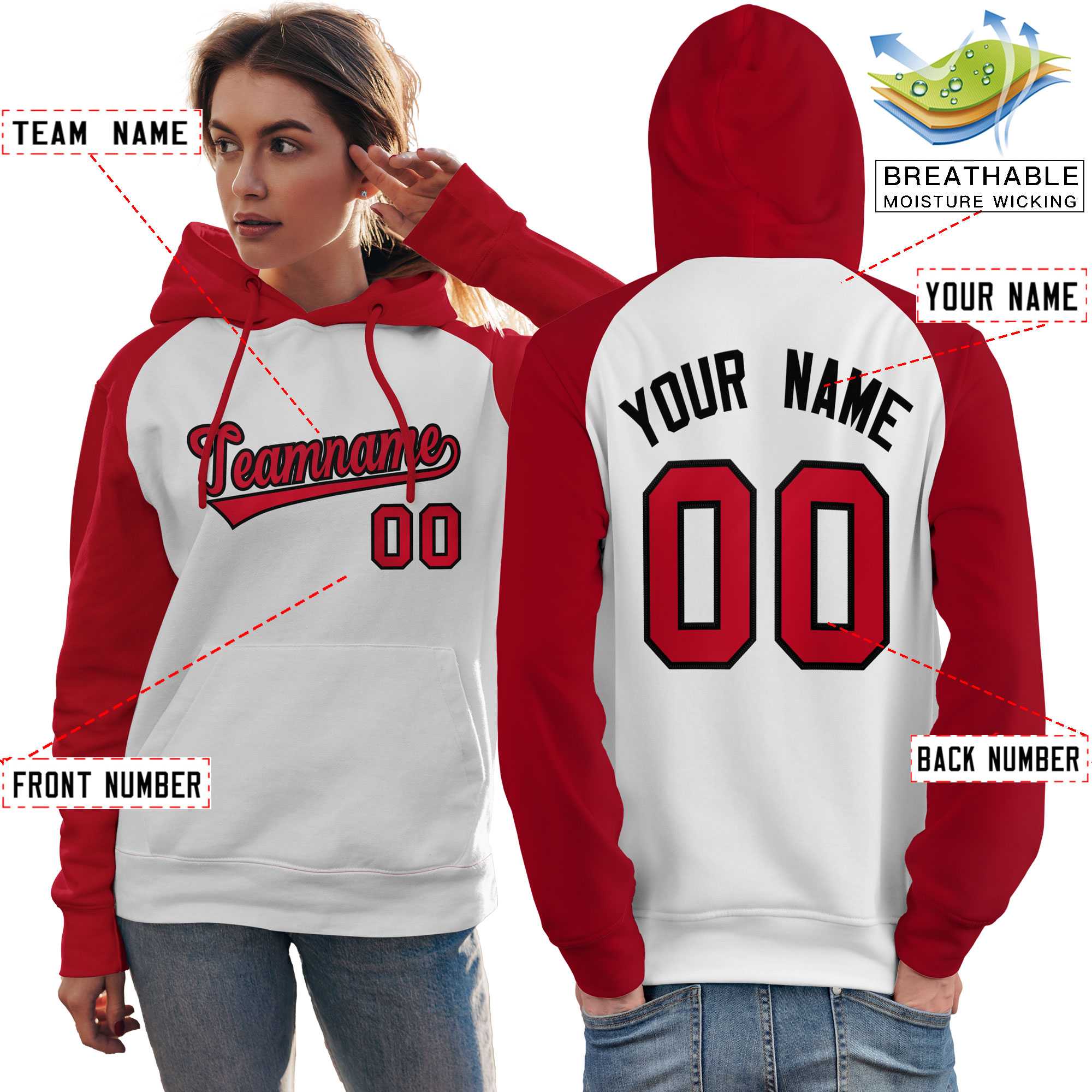 Custom Stitched White Red Raglan Sleeves Sports Pullover Sweatshirt Hoodie For Women| KXKSHOP