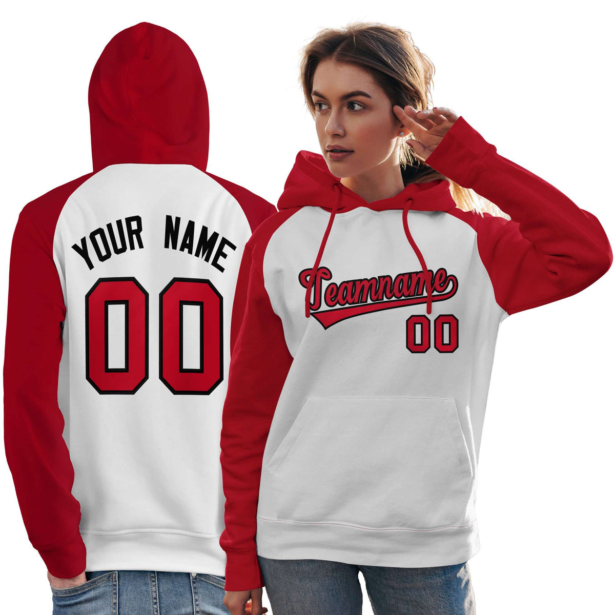 Custom Stitched White Red Raglan Sleeves Sports Pullover Sweatshirt Hoodie For Women| KXKSHOP