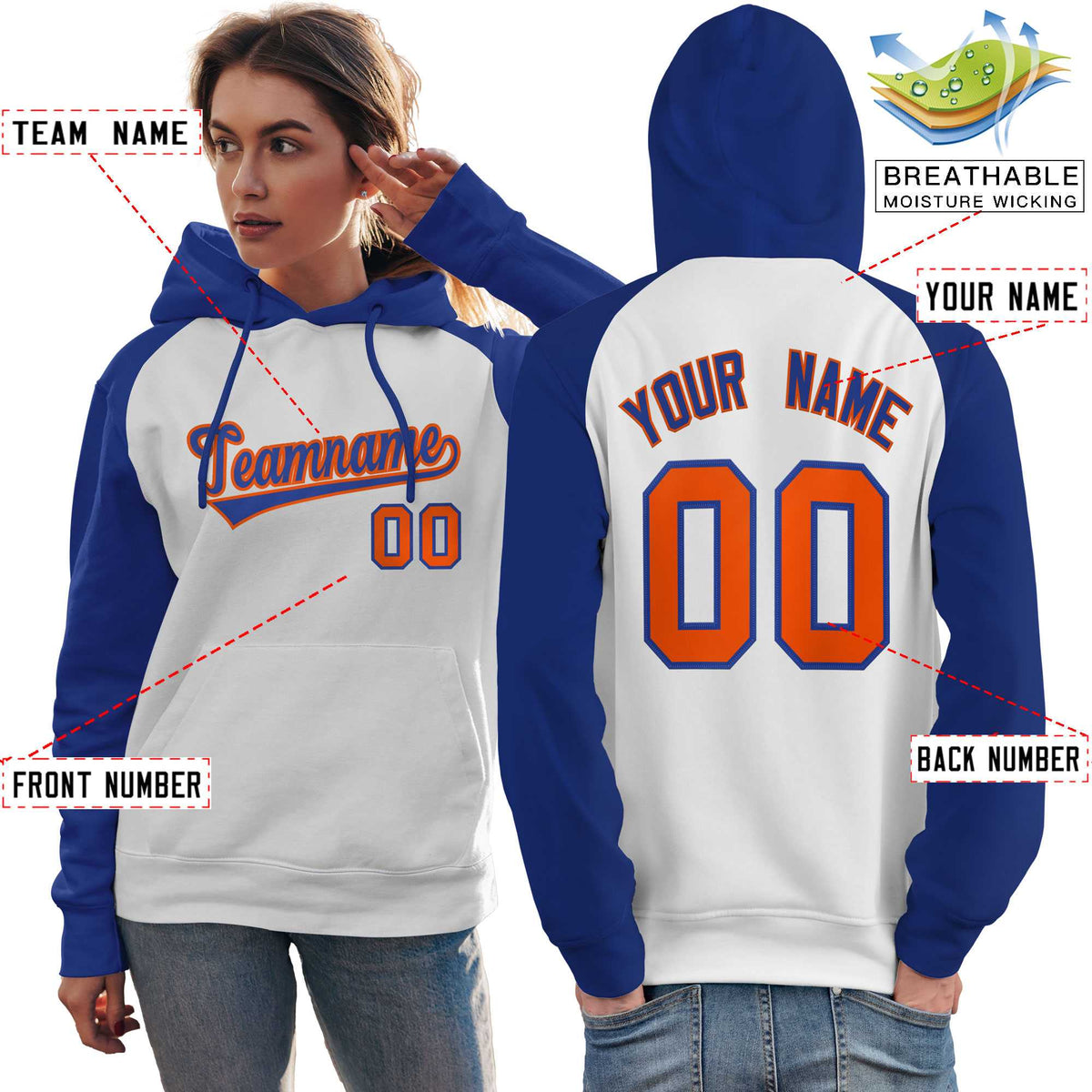 Custom Stitched White Royal Raglan Sleeves Sports Pullover Sweatshirt Hoodie For Women| KXKSHOP