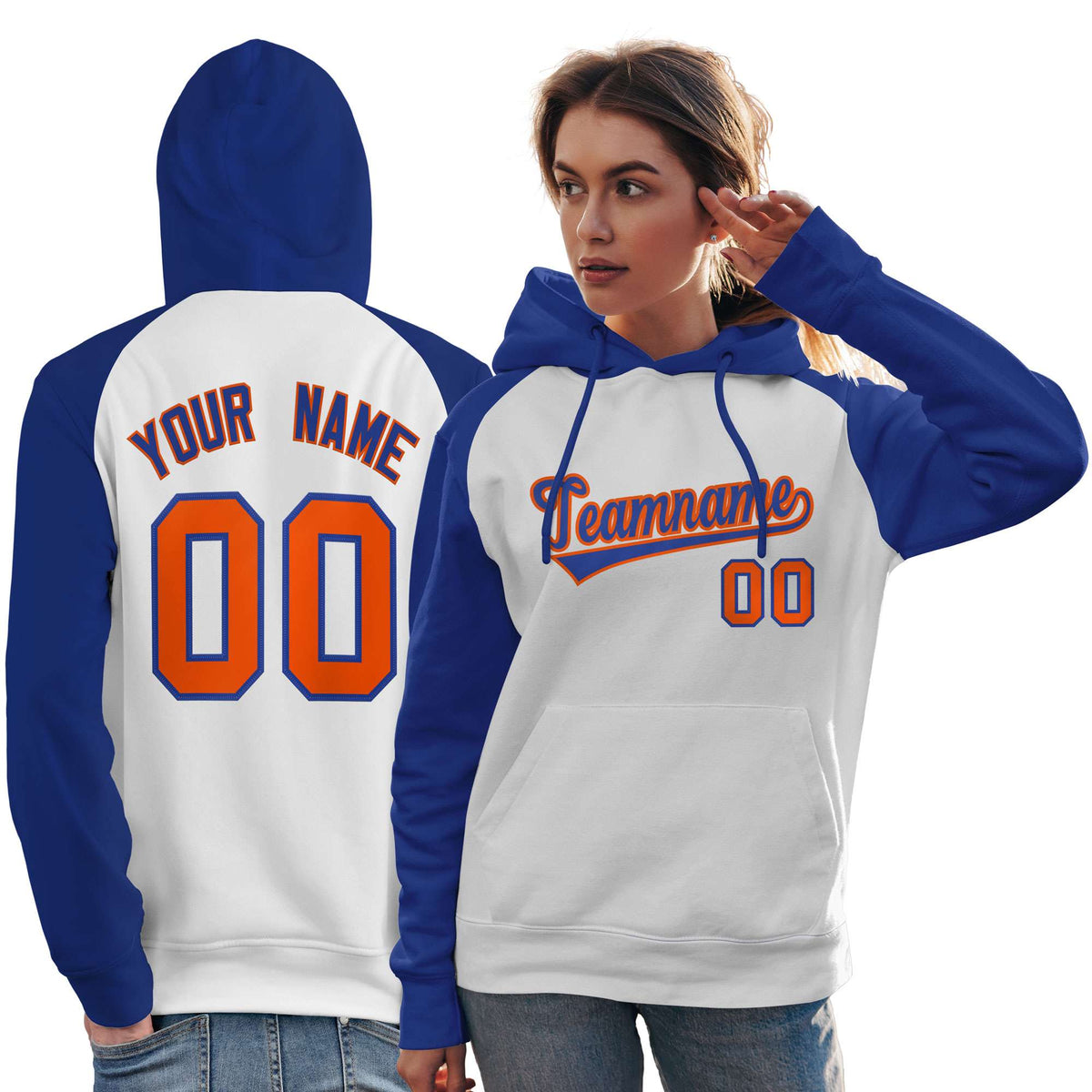 Custom Stitched White Royal Raglan Sleeves Sports Pullover Sweatshirt Hoodie For Women| KXKSHOP