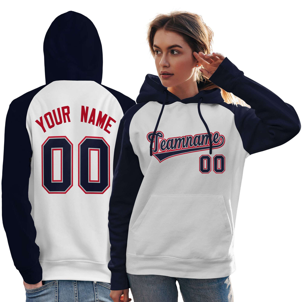 Custom Stitched White Navy Raglan Sleeves Sports Pullover Sweatshirt Hoodie For Women| KXKSHOP