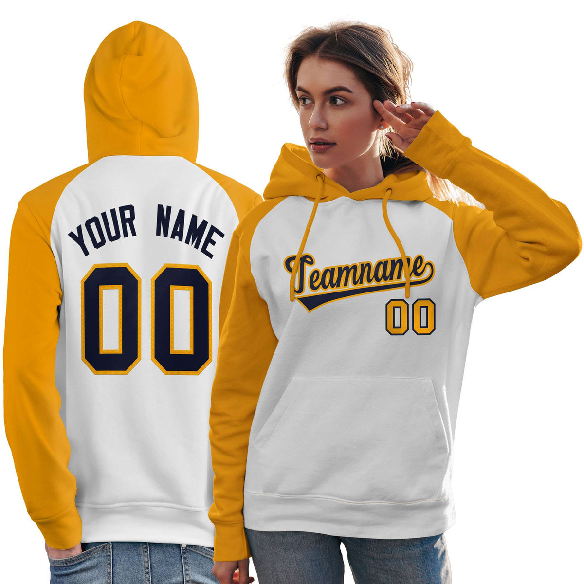 Custom Stitched White Gold-Navy Raglan Sleeves Sports Pullover Sweatshirt Hoodie For Women| KXKSHOP