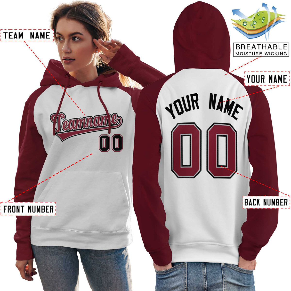 Custom Stitched White Crimson Raglan Sleeves Sports Pullover Sweatshirt Hoodie For Women| KXKSHOP
