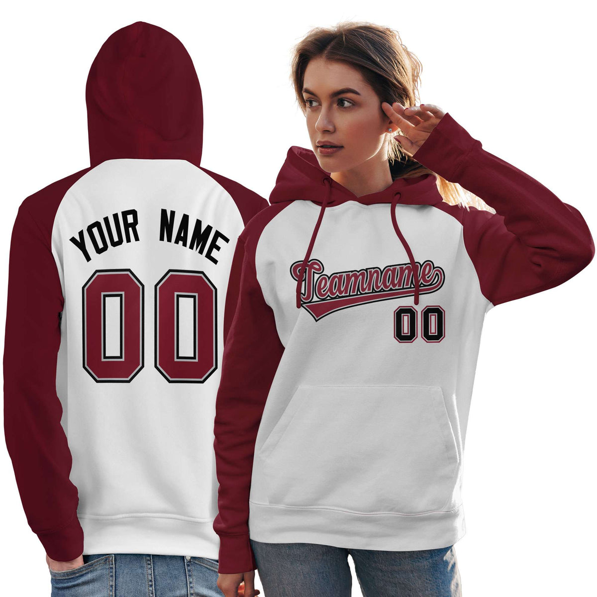 Custom Stitched White Crimson Raglan Sleeves Sports Pullover Sweatshirt Hoodie For Women| KXKSHOP